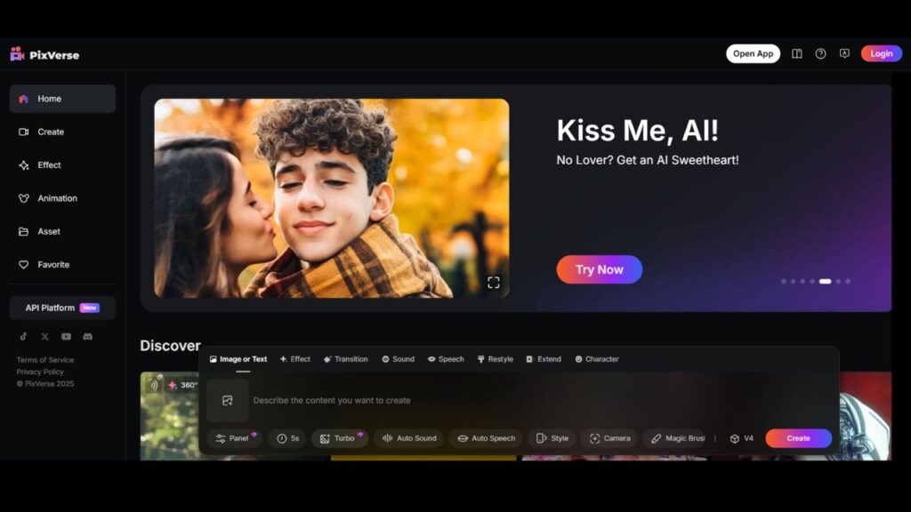 PixVerse AI interface showing video creation from text and image