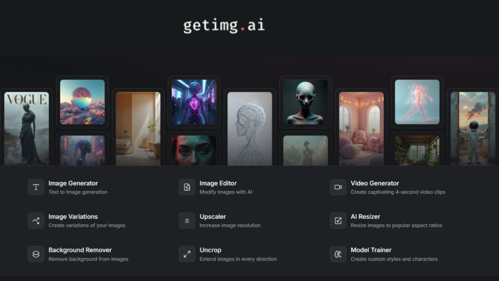 GetMig AI platform interface showcasing AI tools for writing, image generation, and productivity.
